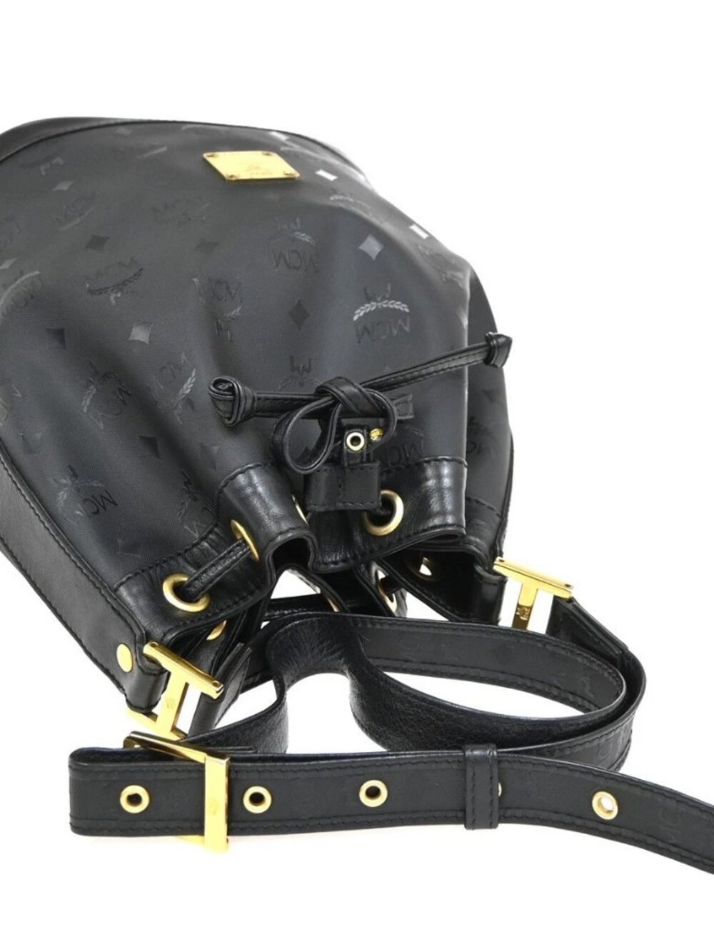 MCM Logo Visetos Pattern Drawstring Shoulder Bag PVC Leather Black GHW 64EG415 - Picture 5 of 13